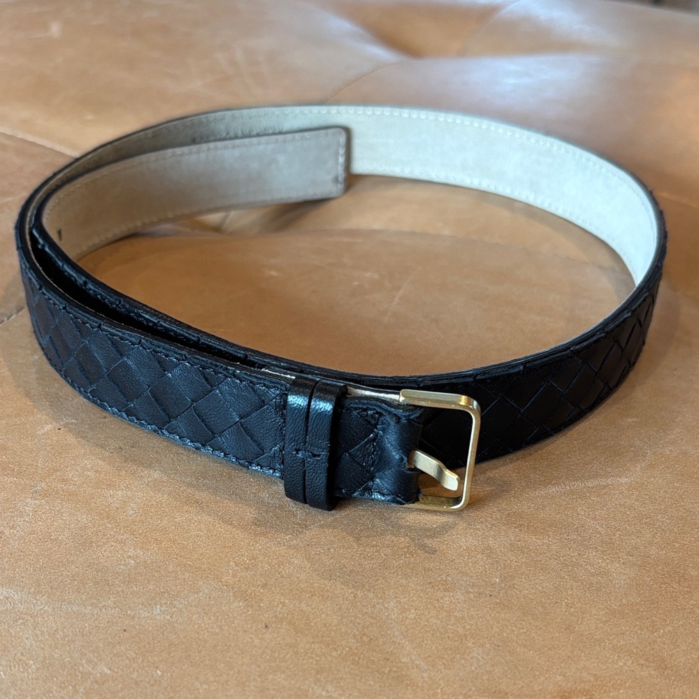 Bottega Veneta Black Intrecciato Leather Skinny Belt with Gold Buckle